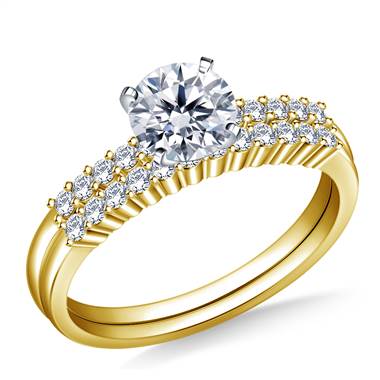 3/4 ct. tw. Petite Prong Set Matching Diamond Engagement Ring with Wedding Band in 14K Yellow Gold