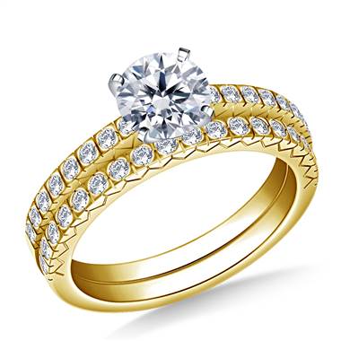 3/4 ct. tw. Prong Set Petite Diamond Matching Engagement Ring and Wedding Band Set in 14K Yellow Gold