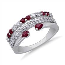 3-Row Stacked Ruby Open Pear and Pave Diamond Ring in 14k White Gold (3/8 ct. tw.) | Blue Nile