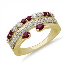 3-Row Stacked Ruby Open Pear and Pave Diamond Ring in 14k Yellow Gold (3/8 ct. tw.) | Blue Nile
