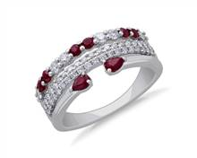 3-Row Stacked Ruby Open Pear and Pave Diamond Ring In Platinum (3/8 ct. tw.) | Blue Nile