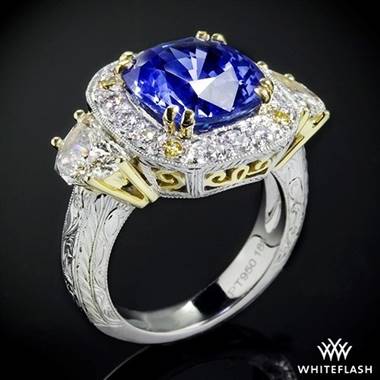 5.66ct Cushion Blue Sapphire set in Platinum "Queen Elizabeth" Diamond Right Hand Ring