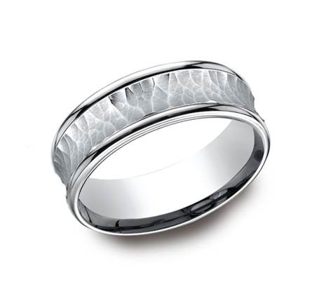7.5mm Comfort fit Wedding Band Features A Hammered Finish In 18K White Gold RECF8750818KW-IBMD