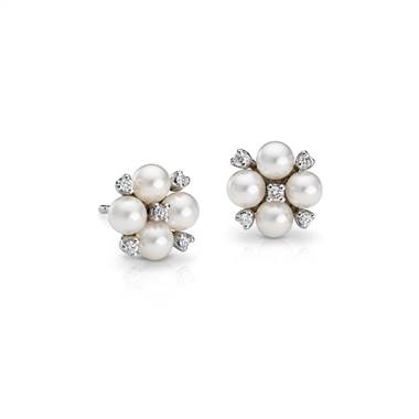 Akoya Cultured Pearl and Diamond Cluster Earrings in 18k White Gold (4mm)