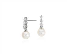 Akoya Cultured Pearl and Diamond Drop Earrings In 18k White Gold (6.5mm) | Blue Nile