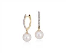Akoya Cultured Pearl and Diamond Drop Hoop Earrings In 14k Yellow Gold (6.5mm) | Blue Nile