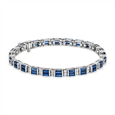 Alternating Baguette Blue Sapphire and Round Diamond Bracelet in 14k White Gold
