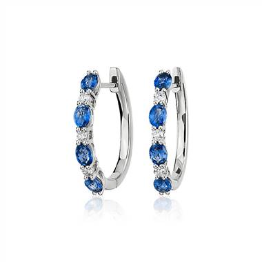 Alternating Oval Sapphire and Round Diamond Small Hoop Earrings in 14k White Gold