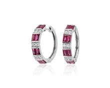 Alternating Ruby Baguette and Round Diamond Hoop Earrings In 14k White Gold | Blue Nile