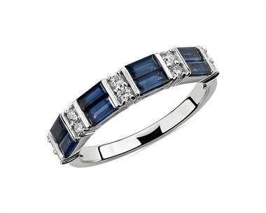 Alternating Sapphire Baguette and Diamond Ring In 14k White Gold