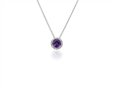 Amethyst and Diamond Halo Pendant Necklace In 14k White Gold (7mm)
