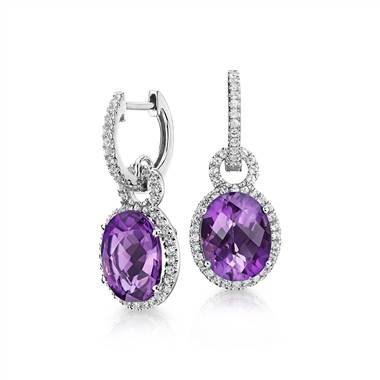 Amethyst and White Sapphire Halo Oval Drop Earrings in Sterling Silver (10x8mm)