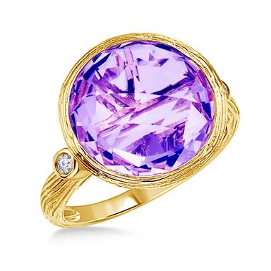 Amethyst Bezel Gemstone Ring with Texture in 14K Yellow Gold (12mm)