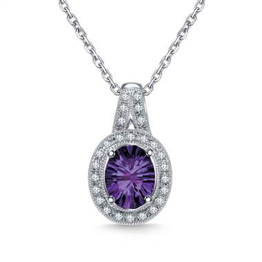 Amethyst Diamond Halo Gemstone Pendant Necklace in 14K White Gold (10x8mm)