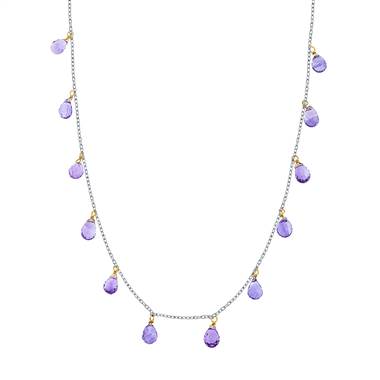 Amethyst Stone February Birthstone Faceted Briolette Station Necklace in 14K Two Tone Gold