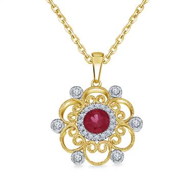 Antique Filigree Ruby & Diamond Pendant in 14K Two Tone Gold (5mm)