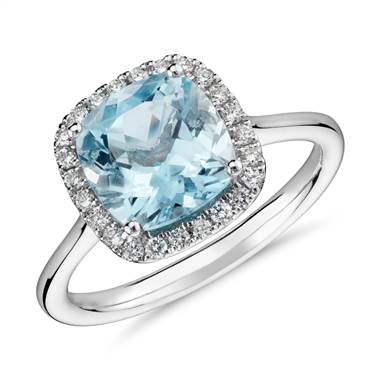 Aquamarine and Diamond Halo Ring in 14k White Gold (8x8mm)