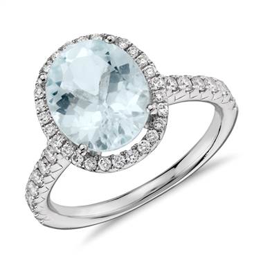 Aquamarine and Diamond Halo Ring in 18k White Gold (10x8mm)