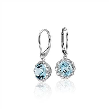 Aquamarine and Diamond Milgrain Halo Leverback Drop Earrings in 14k White Gold (7mm)