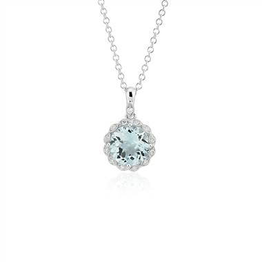"Aquamarine and Diamond Milgrain Halo Pendant Necklace in 14k White Gold (8mm)"