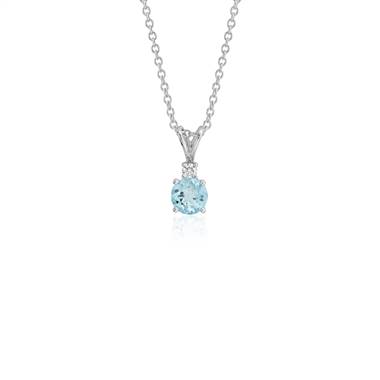 Aquamarine and Diamond Solitaire Pendant in 18k White Gold (5mm)