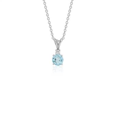 Aquamarine and Diamond Solitaire Pendant in 18k White Gold (5mm)