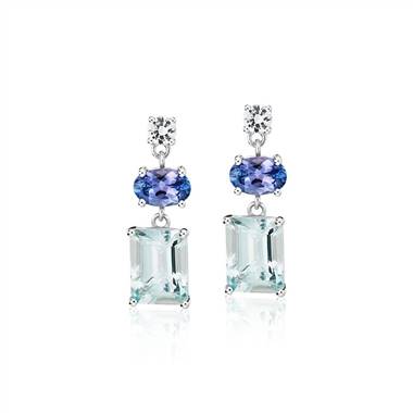 "Aquamarine, Tanzanite, and White Sapphire Mixed Shape Drop Earrings in Sterling Silver"