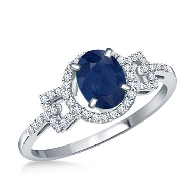 Art Deco Blue Sapphire Gemstone and Diamond Halo Ring in 14K White Gold (7x5mm)