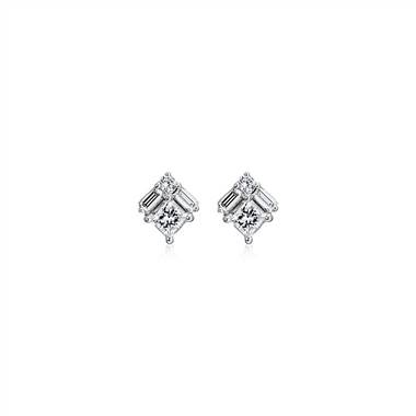 Art Deco Inspired Round and Baguette Diamond Stud Earrings in 14k White Gold (1/2 ct. tw.)