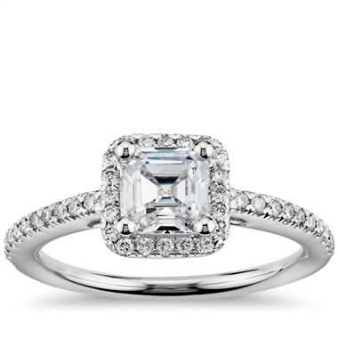 Asscher Cut Halo Diamond Engagement Ring in 14K White Gold
