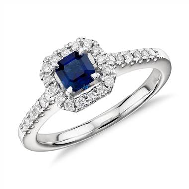 Asscher Cut Sapphire and Diamond Halo Ring in 14k White Gold  (4x4mm)