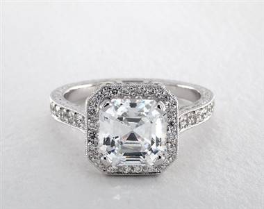 Asscher-Halo Milgrain Pave Engagement Ring in 14K White Gold 4mm Width Band (Setting Price)