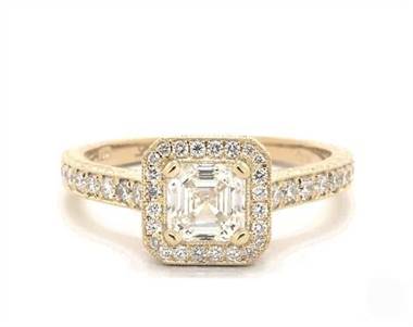 Asscher-Halo Milgrain Pave Engagement Ring in 14K Yellow Gold 4mm Width Band (Setting Price)