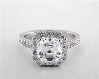 Asscher-Halo Milgrain Pave Engagement Ring in 18K White Gold 4mm Width Band (Setting Price)