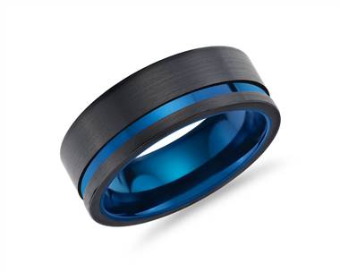 Asymmetrical Black & Blue Engraved Wedding Ring In Tungsten (8mm)