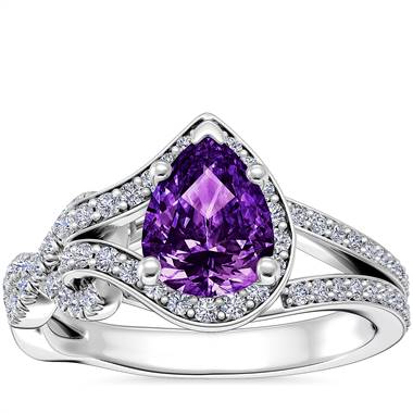 Asymmetrical Diamond Infinity Halo Engagement Ring with Pear-Shaped Amethyst in Platinum (8x6mm)