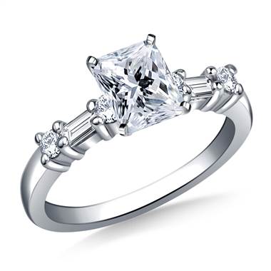 Baguette & Round Diamond Engagement Ring in 18K White Gold (1/3 cttw.)