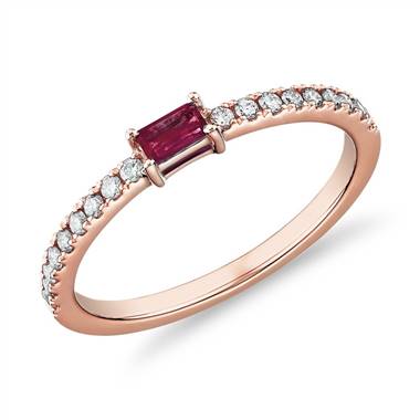 Baguette Ruby and Diamond Pave Stacking Ring in 14k Rose Gold (3.5x2mm)
