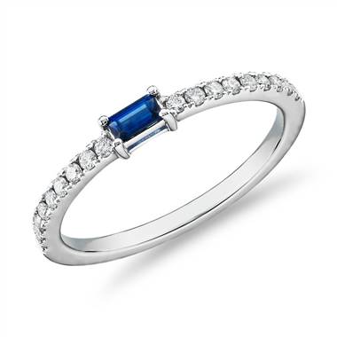 Baguette Sapphire and Diamond Pave Stacking Ring in 14k White Gold (3.5x2mm)
