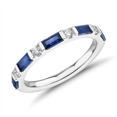 "Baguette Sapphire and Diamond Ring in 18k White Gold (4x2mm)"