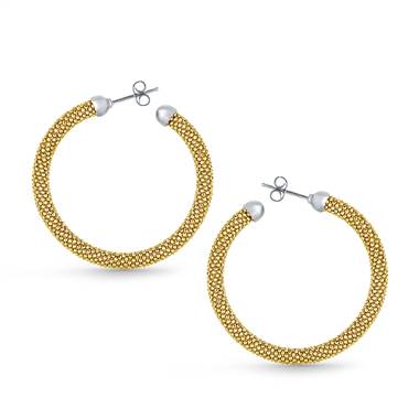 Beaded Texture Sterling Silver Large Hoop Earrings with Rhodium Finish