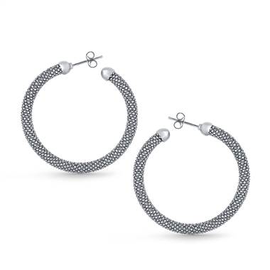 Beaded Texture Sterling Silver Large Hoop Earrings with  Rhodium Finish