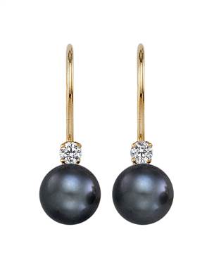 Black Cultured Pearl and  Diamond Earrings in 14K Yellow Gold