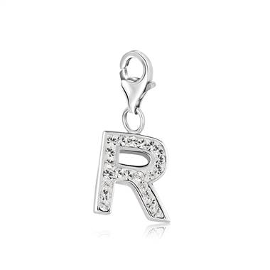 Block Letter Initial Charm Letter R with Crystals in Sterling Silver