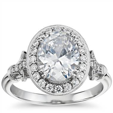 Blue Nile Studio Oval Vintage Fleur de Lis Halo Engagement Ring in Platinum (1/6 ct. tw.)