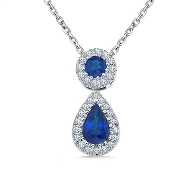 Blue Sapphire and Diamond Halo Drop Pendant Necklace in 14K White Gold (6x4mm)