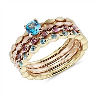 "Blue Topaz and Pink Tourmaline Stacking Ring Set in 14k Yellow and Rose Gold (4mm)"
