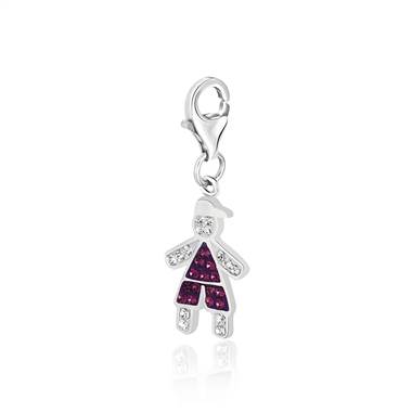 Boy with Cap February Birthstone Charm with Amethyst and White Crystal in Sterling Silver