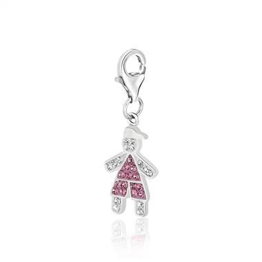 Boy with Cap June Birthstone Charm with Light Pink and White Crystal in Sterling Silver