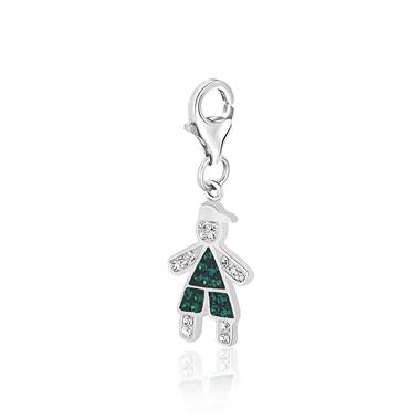 Boy with Cap May Birthstone Charm with Emerald Green and White Crystal in Sterling Silver